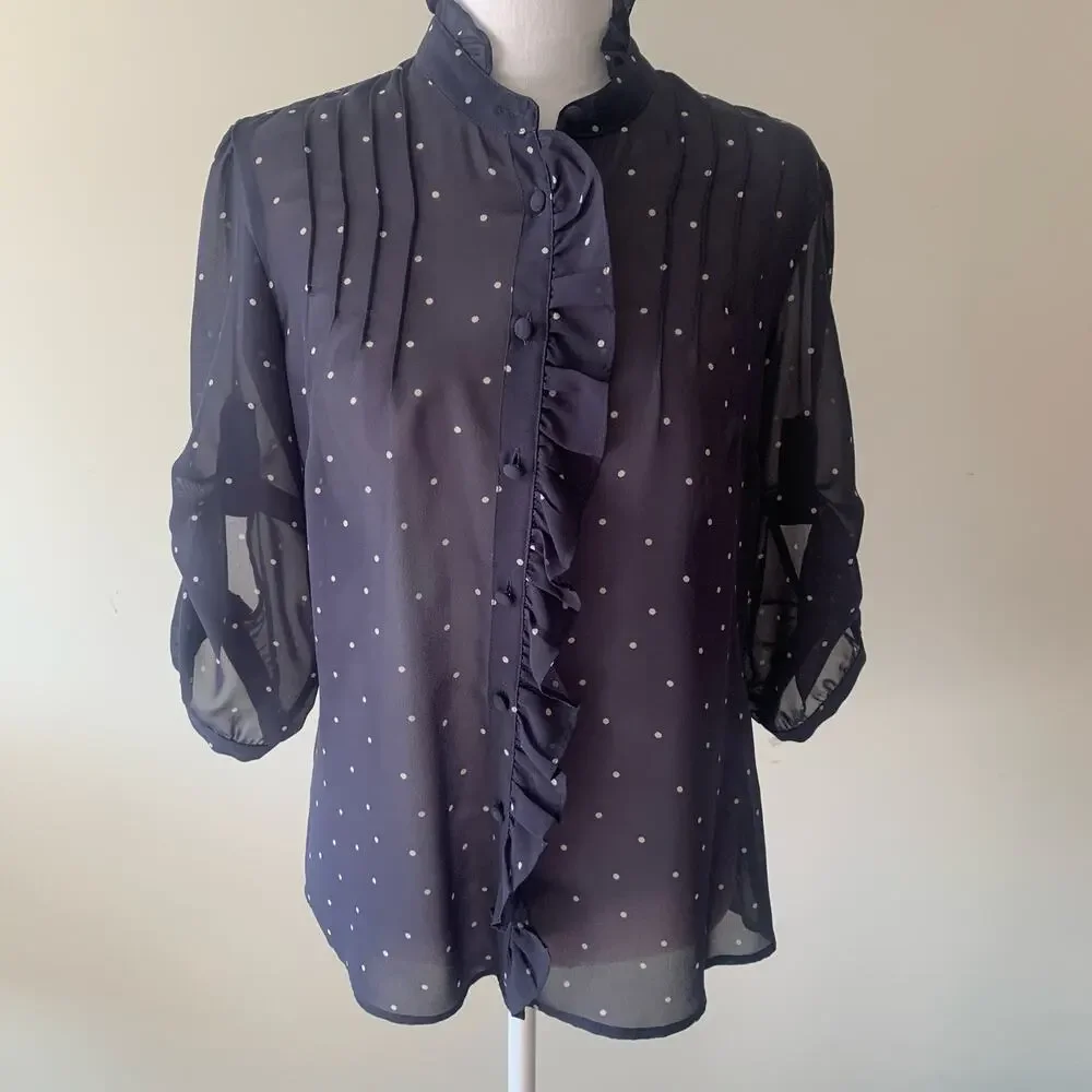Banana Republic Women's Roll Sleeve Sheer Navy Blue Polka Dot Ruffle Blouse S